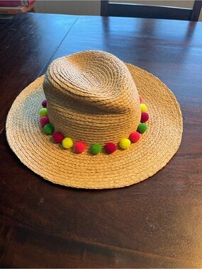 Michael Stars Natural Straw Wide-Brim Hat with Pink, Yellow & Green Pom-Poms